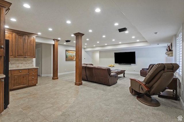 963 E Old English Rd, Draper, UT 84020 - living area with decorative columns, baseboards, recessed lighting, and light stone finish floors