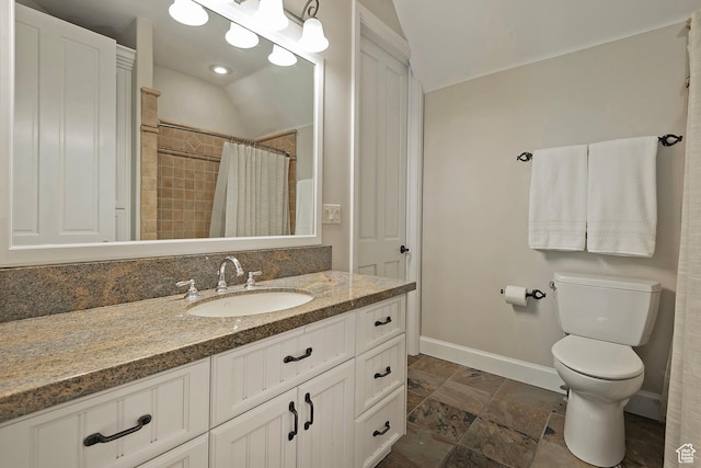 963 E Old English Rd, Draper, UT 84020 - full bath with baseboards, vanity, toilet, a shower with shower curtain, and lofted ceiling