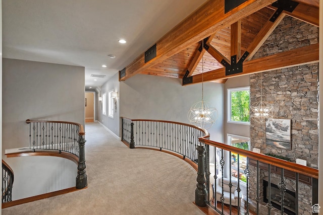 963 E Old English Rd, Draper, UT 84020 - hallway with an upstairs landing, a chandelier, carpet floors, baseboards, and recessed lighting