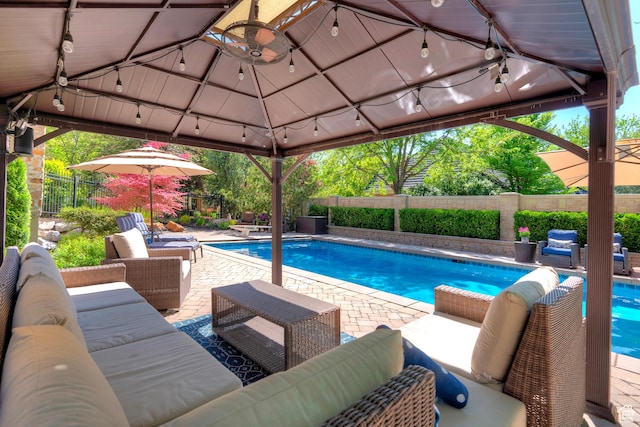 963 E Old English Rd, Draper, UT 84020 - view of swimming pool featuring an outdoor hangout area, a gazebo, a fenced backyard, and a patio