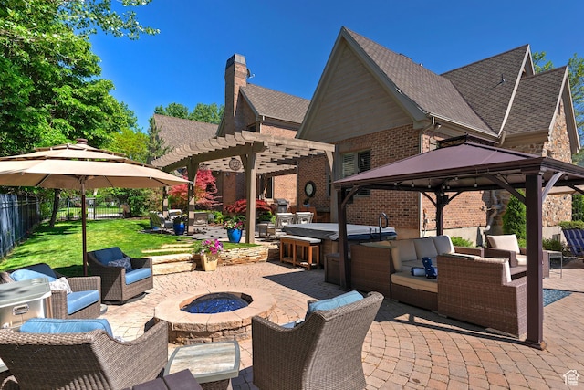 963 E Old English Rd, Draper, UT 84020 - view of patio / terrace with an outdoor living space with a fire pit, a pergola, and a gazebo