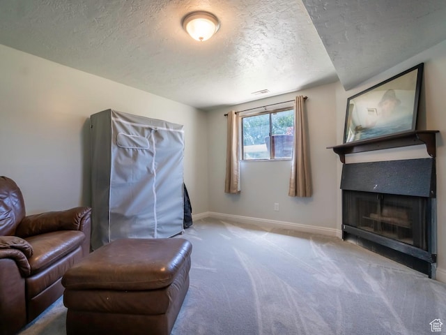 2567 W 2975 S, West Valley City, UT 84119 - living area featuring a textured ceiling, carpet floors, baseboards, and a fireplace