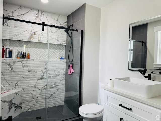 2552 W 2025 N, Clinton, UT 84015 - full bathroom featuring vanity, toilet, a marble finish shower, and decorative backsplash