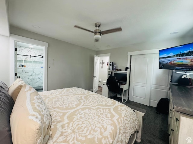 2552 W 2025 N, Clinton, UT 84015 - bedroom featuring a closet, a ceiling fan, dark colored carpet, and a desk