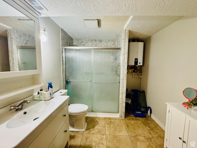 2552 W 2025 N, Clinton, UT 84015 - bathroom with tankless water heater, vanity, a stall shower, toilet, and a textured ceiling