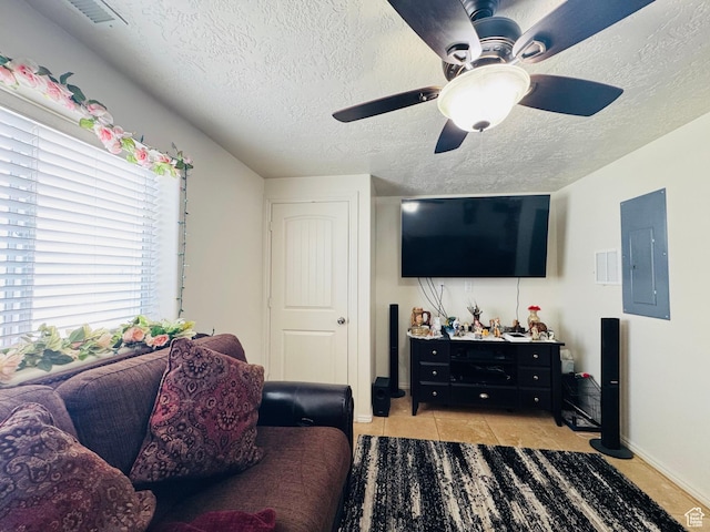 2552 W 2025 N, Clinton, UT 84015 - living area with electric panel, a textured ceiling, a ceiling fan, and light tile patterned floors