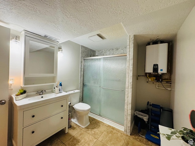 2552 W 2025 N, Clinton, UT 84015 - full bathroom featuring tankless water heater, toilet, a shower stall, tile patterned flooring, and vanity