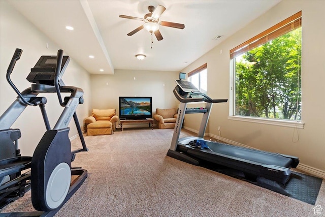 14248 Tumbleweed Way, Draper, UT 84020 - exercise area featuring carpet floors, a ceiling fan, baseboards, and recessed lighting