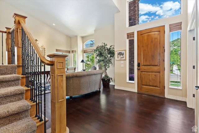 14248 Tumbleweed Way, Draper, UT 84020 - foyer featuring high vaulted ceiling, wood finished floors, baseboards, and stairway