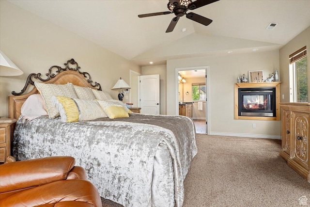 14248 Tumbleweed Way, Draper, UT 84020 - carpeted bedroom with lofted ceiling, a multi sided fireplace, multiple windows, baseboards, and ensuite bath