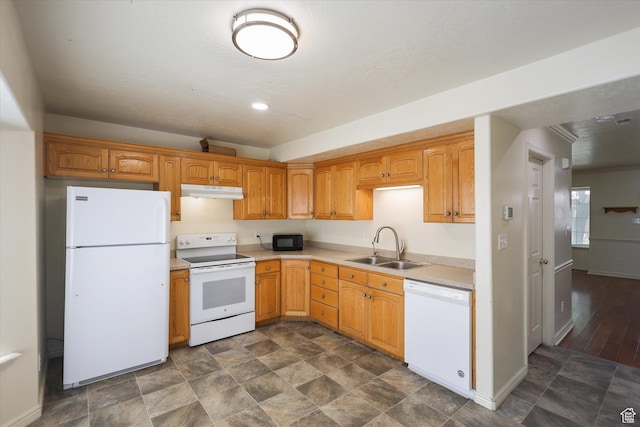 894 N Main St Unit 13, Orem, UT 84057 - kitchen with white appliances, a sink, under cabinet range hood, light countertops, and stone finish floors