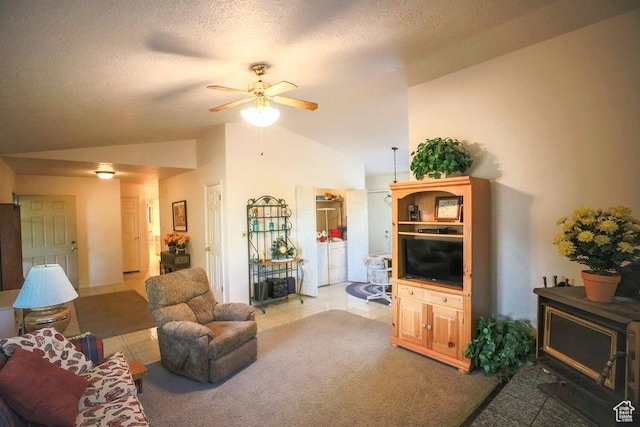 349 W 100 N, Pine Valley, UT 84781 - living room with vaulted ceiling, ceiling fan, independent washer and dryer, and a textured ceiling
