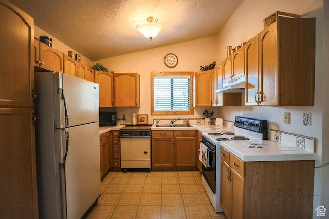 349 W 100 N, Pine Valley, UT 84781 - kitchen with white appliances, under cabinet range hood, light flooring, vaulted ceiling, and a sink