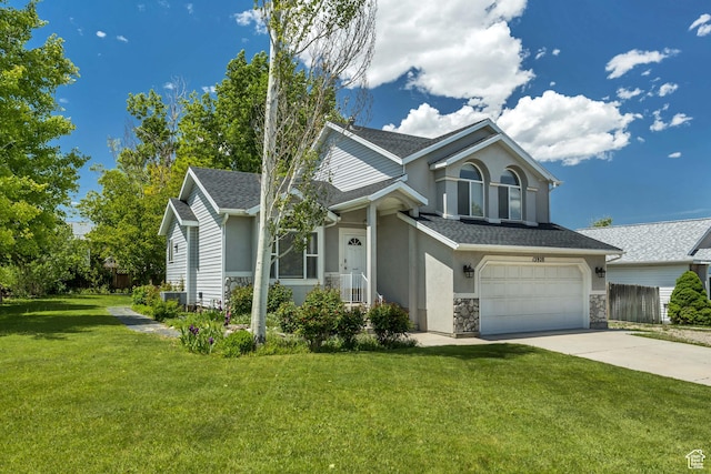 13928 S Ben Lomond Peak Dr W, Riverton, UT 84096 - view of front of house featuring stucco siding, concrete driveway, roof with shingles, and stone siding