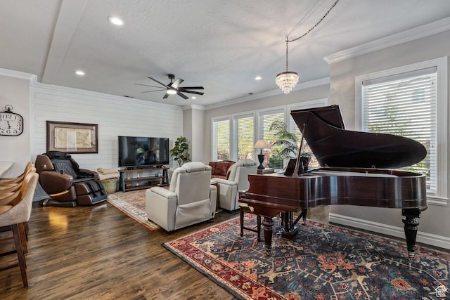 2204 N Bridge Water Rd, Cedar City, UT 84721 - living room featuring ceiling fan, wood finished floors, recessed lighting, ornamental molding, and a textured ceiling