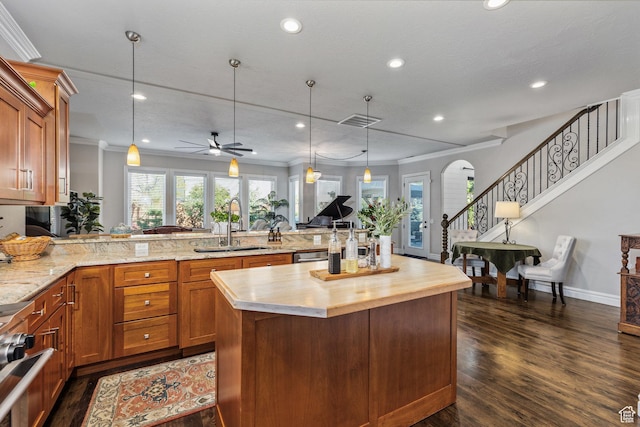 2204 N Bridge Water Rd, Cedar City, UT 84721 - kitchen with a sink, ornamental molding, dark wood-style floors, brown cabinets, and recessed lighting