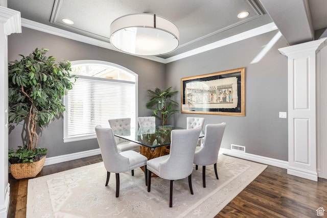 2204 N Bridge Water Rd, Cedar City, UT 84721 - dining space with wood finished floors, baseboards, recessed lighting, crown molding, and decorative columns