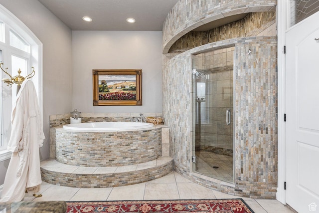 2204 N Bridge Water Rd, Cedar City, UT 84721 - bathroom featuring a bath, tile patterned floors, a shower stall, and recessed lighting