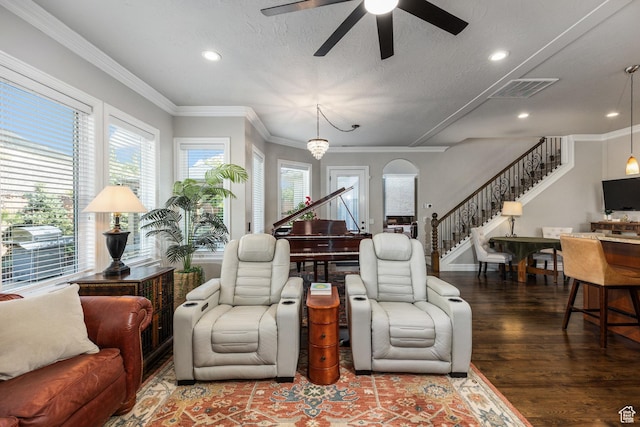 2204 N Bridge Water Rd, Cedar City, UT 84721 - living room with stairs, wood finished floors, recessed lighting, a ceiling fan, and a textured ceiling