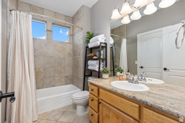 2204 N Bridge Water Rd, Cedar City, UT 84721 - full bathroom featuring vanity, shower / tub combo with curtain, tile patterned flooring, and toilet