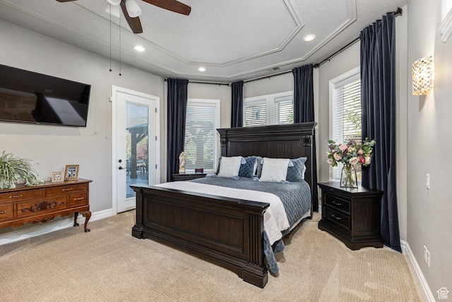 2204 N Bridge Water Rd, Cedar City, UT 84721 - bedroom with access to exterior, light carpet, recessed lighting, baseboards, and ceiling fan