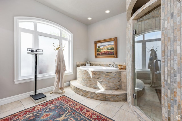 2204 N Bridge Water Rd, Cedar City, UT 84721 - bathroom featuring healthy amount of natural light, tile patterned flooring, a bath, a shower stall, and recessed lighting