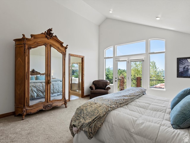 5577 E Elkhorn Dr, Eden, UT 84310 - bedroom featuring carpet flooring, access to outside, multiple windows, french doors, and high vaulted ceiling