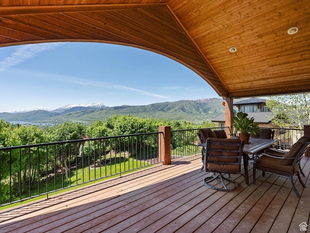 5577 E Elkhorn Dr, Eden, UT 84310 - wooden deck with a mountain view and outdoor dining area