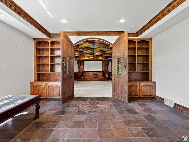 5577 E Elkhorn Dr, Eden, UT 84310 - unfurnished living room featuring ornamental molding, coffered ceiling, baseboards, recessed lighting, and dark stone finish flooring