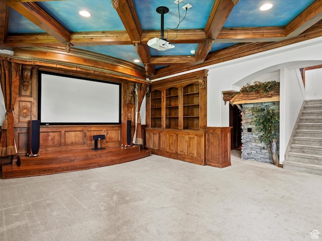 5577 E Elkhorn Dr, Eden, UT 84310 - carpeted home theater room featuring coffered ceiling, beamed ceiling, and ornamental molding