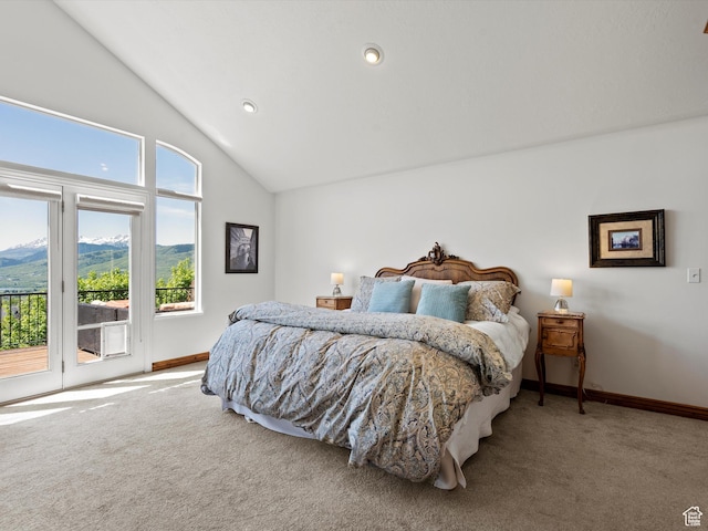 5577 E Elkhorn Dr, Eden, UT 84310 - carpeted bedroom featuring access to exterior, vaulted ceiling, baseboards, a mountain view, and recessed lighting