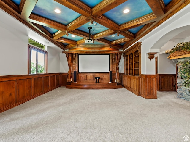 5577 E Elkhorn Dr, Eden, UT 84310 - carpeted home theater room with wainscoting, beamed ceiling, coffered ceiling, and recessed lighting