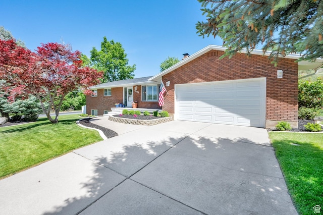 1607 Mountain Cir, Fruit Heights, UT 84037 - ranch-style home with brick siding, concrete driveway, a garage, a front yard, and a chimney