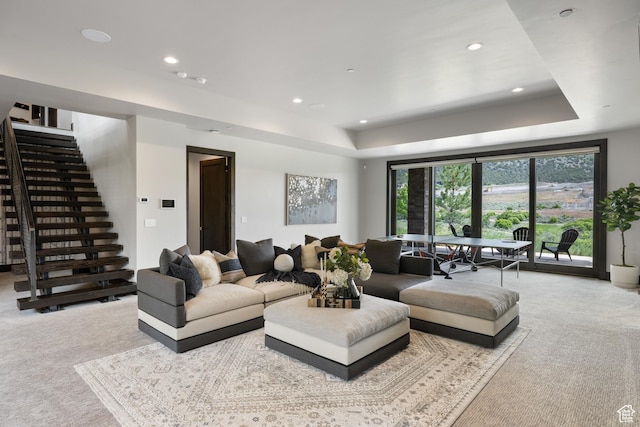 942 N Explorer Peak Dr Unit 420, Heber City, UT 84032 - living area featuring carpet, stairs, recessed lighting, and a tray ceiling