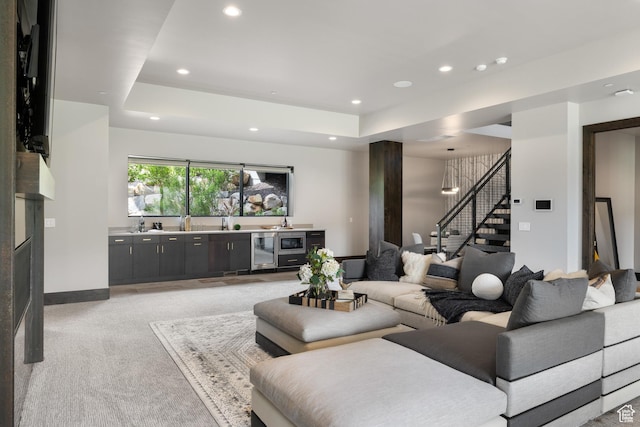 942 N Explorer Peak Dr Unit 420, Heber City, UT 84032 - living area with stairway, wine cooler, light colored carpet, recessed lighting, and baseboards