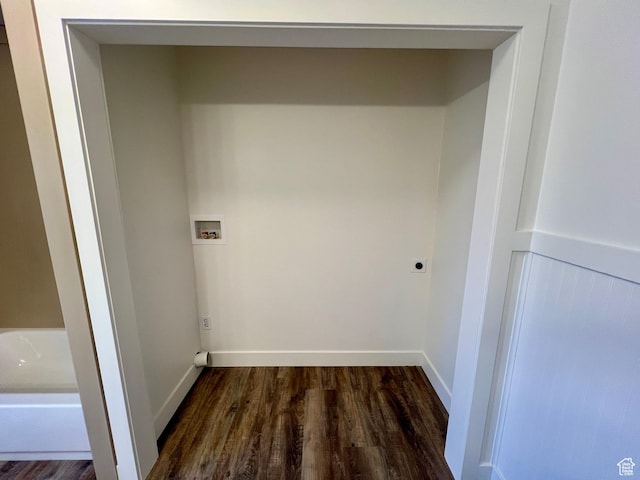 144 S 100 W, Tremonton, UT 84337 - laundry area featuring electric dryer hookup, dark wood-type flooring, washer hookup, and baseboards