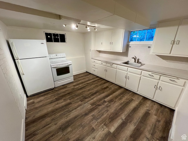 144 S 100 W, Tremonton, UT 84337 - kitchen featuring white appliances, a sink, dark wood-style floors, light countertops, and white cabinetry