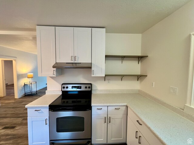 144 S 100 W, Tremonton, UT 84337 - kitchen featuring electric stove, under cabinet range hood, open shelves, dark wood-style floors, and white cabinets