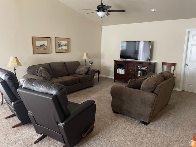 536 E 2200 N, North Ogden, UT 84414 - living room with carpet flooring, ceiling fan, vaulted ceiling, and baseboards