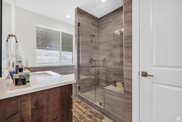 3041 Cedar Dr, Park City, UT 84098 - bathroom featuring vanity, a shower stall, and recessed lighting