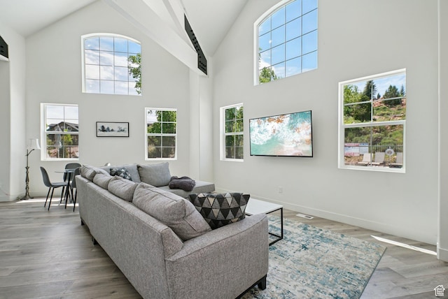 3041 Cedar Dr, Park City, UT 84098 - living area featuring high vaulted ceiling and wood finished floors