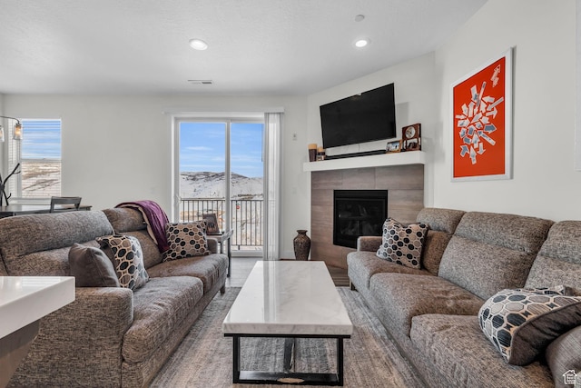 3041 Cedar Dr, Park City, UT 84098 - living area with a fireplace, plenty of natural light, and recessed lighting