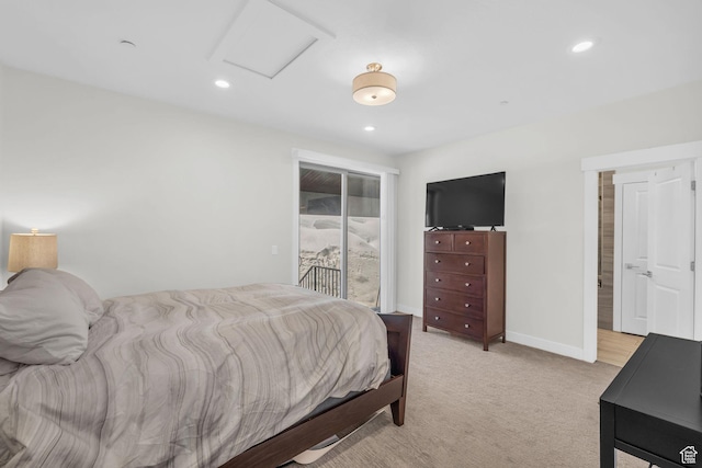 3041 Cedar Dr, Park City, UT 84098 - bedroom with access to outside, attic access, recessed lighting, light colored carpet, and baseboards