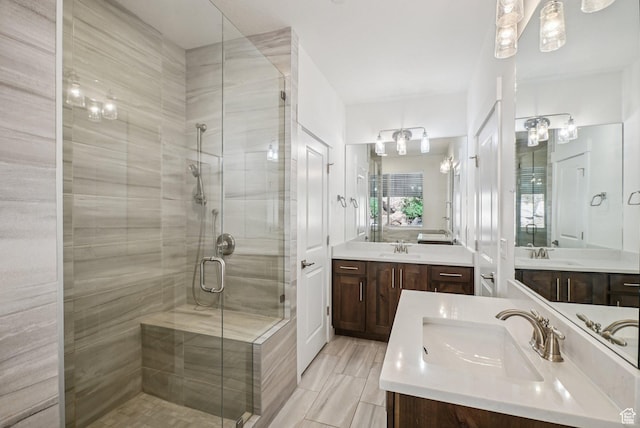 3041 Cedar Dr, Park City, UT 84098 - bathroom featuring a stall shower and two vanities