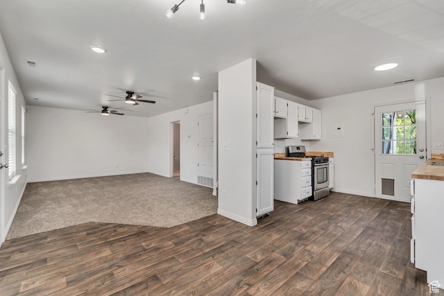 1770 W 950 S, Springville, UT 84663 - kitchen with stainless steel gas range, dark wood-style flooring, ceiling fan, white cabinetry, and recessed lighting
