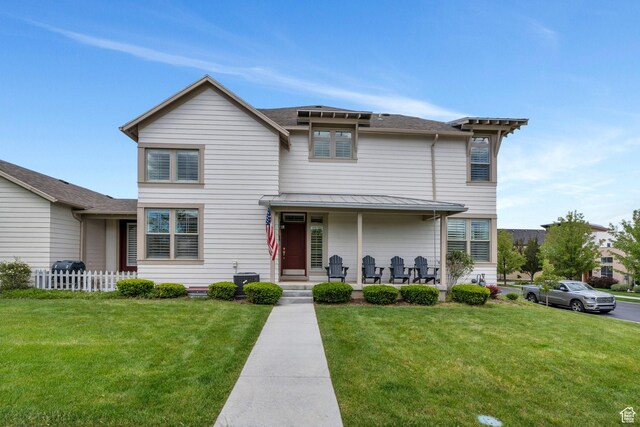 10394 S Crow Wing Dr, South Jordan, UT 84009 - traditional-style home featuring a standing seam roof, a porch, a shingled roof, metal roof, and central AC unit