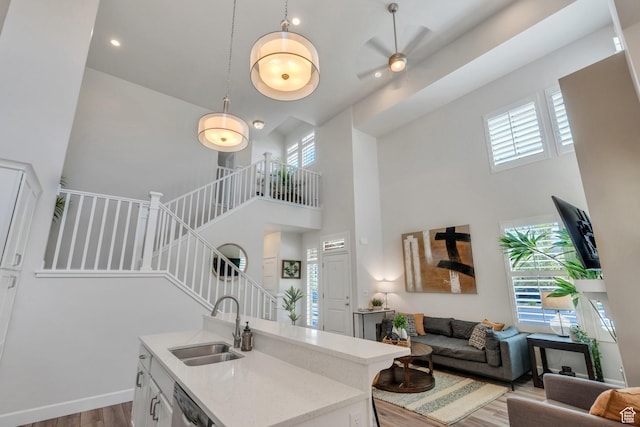 10394 S Crow Wing Dr, South Jordan, UT 84009 - kitchen with a sink, a high ceiling, open floor plan, wood finished floors, and plenty of natural light