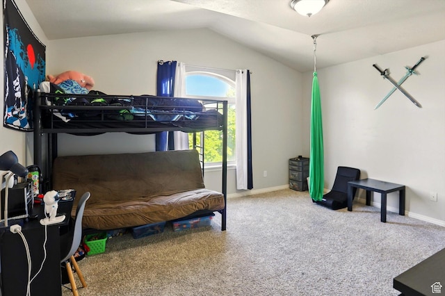 679 S Trail Cir W, Logan, UT 84341 - bedroom featuring carpet, lofted ceiling, and baseboards