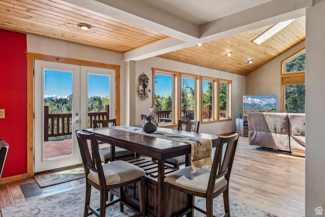 2620 Crow Loop, Coalville, UT 84017 - dining area with wood ceiling, french doors, light wood finished floors, a skylight, and baseboards