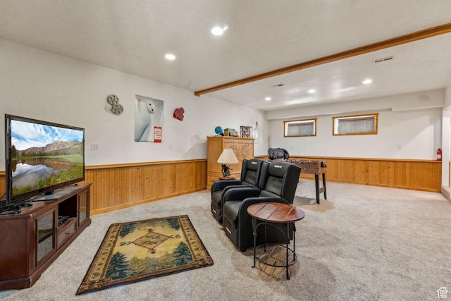 2620 Crow Loop, Coalville, UT 84017 - carpeted living room with wainscoting, wood walls, and recessed lighting